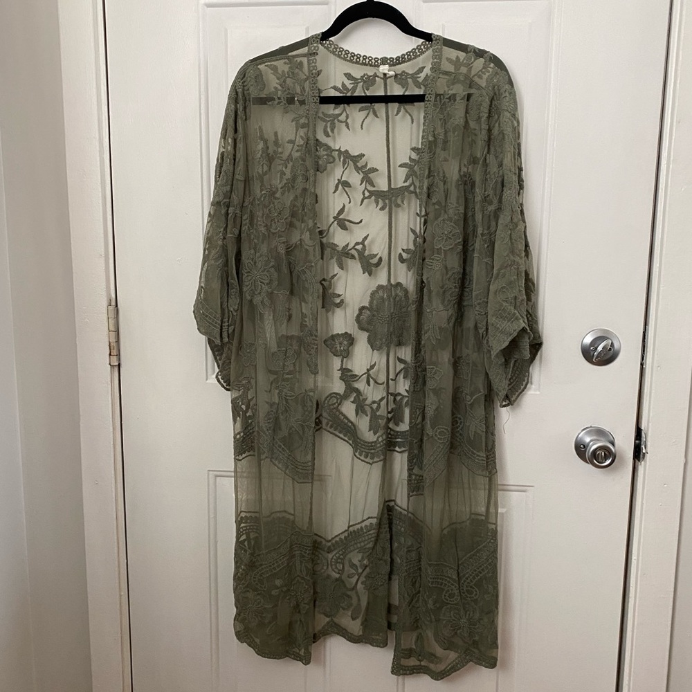 Olive Floral Embroidered Kimono Duster